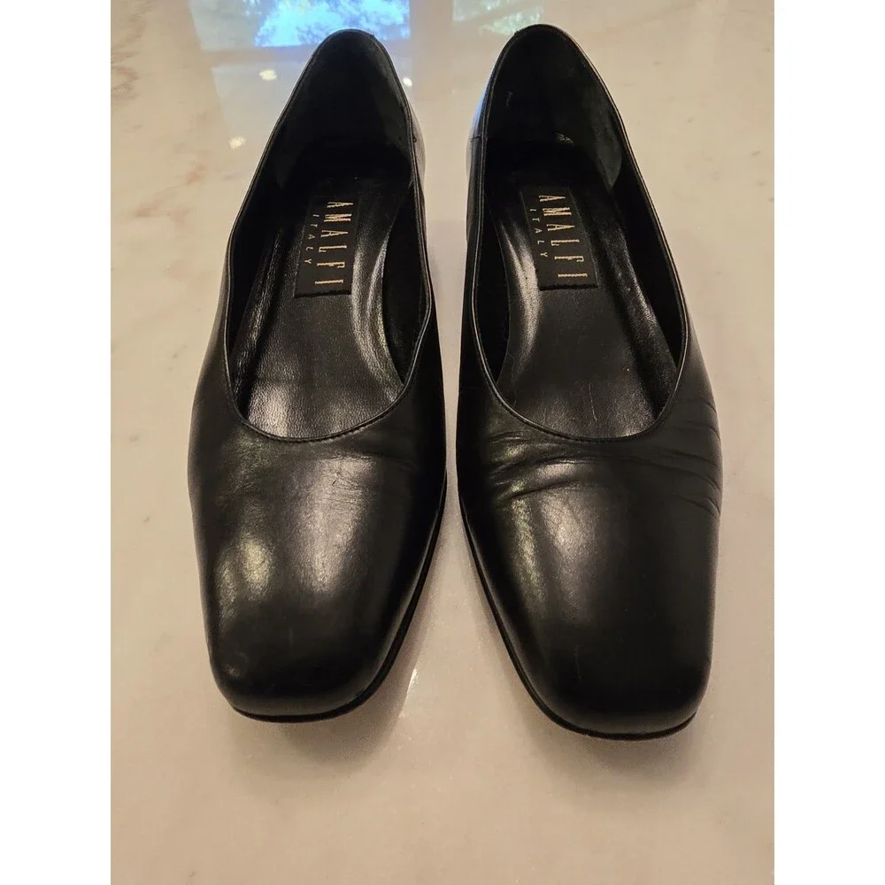 Amalfi Italy Black Leather Pumps Sz 8 Classic Luxury Office Square Toe